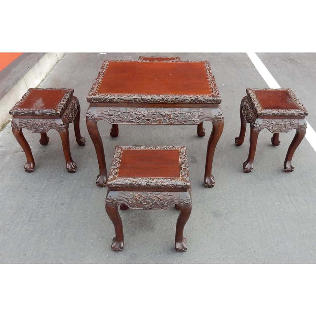1920/1950 Table a Jeux Mahjong Chine et ses 4 Sièges Palissandre | Biron ||||||||
