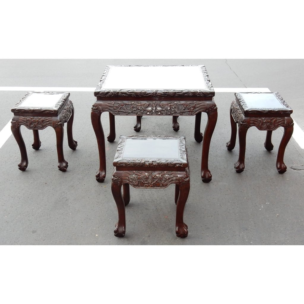 1920/1950 Table a Jeux Mahjong Chine et ses 4 Sièges Palissandre | Biron 1920/1950 Table a Jeux Mahjong Chine et ses 4 Sièges Palissandre