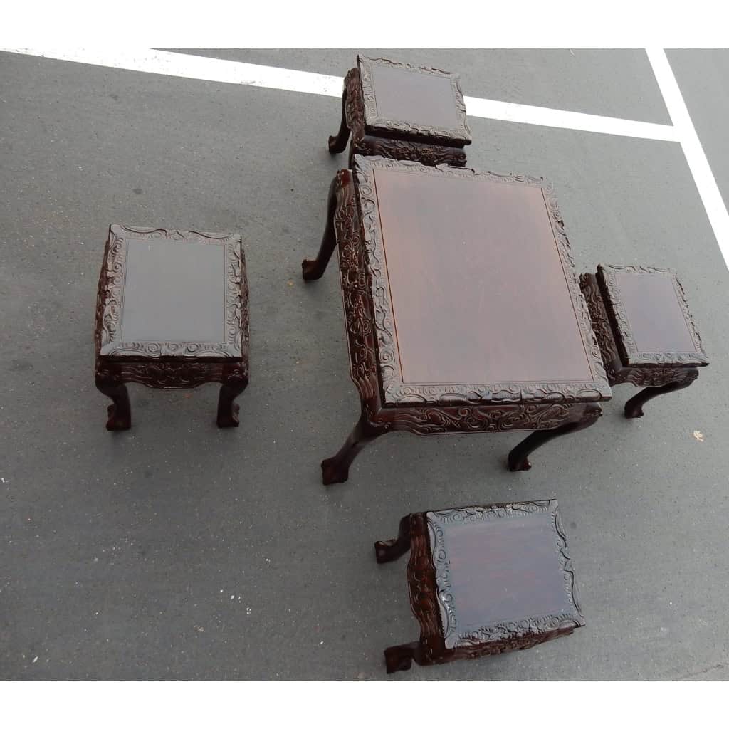 1920/1950 Table a Jeux Mahjong Chine et ses 4 Sièges Palissandre | Biron 1920/1950 Table a Jeux Mahjong Chine et ses 4 Sièges Palissandre