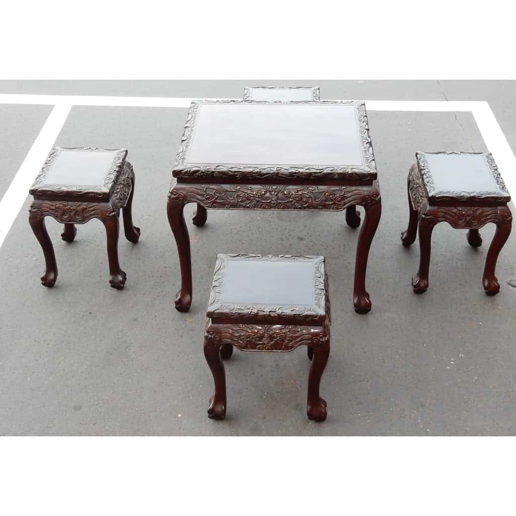 1920/1950 Table a Jeux Mahjong Chine et ses 4 Sièges Palissandre | Biron 1920/1950 Table a Jeux Mahjong Chine et ses 4 Sièges Palissandre
