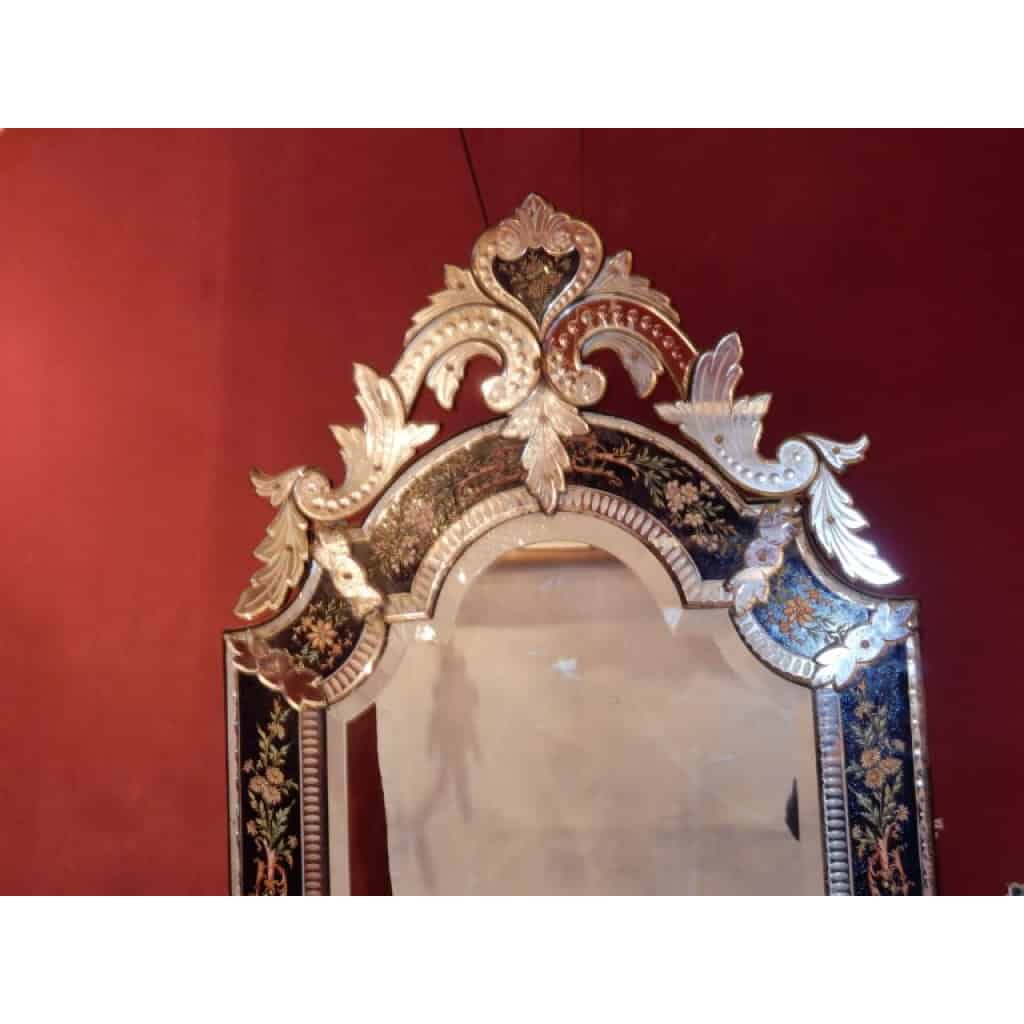 1880/1900′ Miroir Napoléon III Venise Rectangulaire, Cadre en Verre Bleu Orné de Fleurs Émaillées DLG LXIV 5