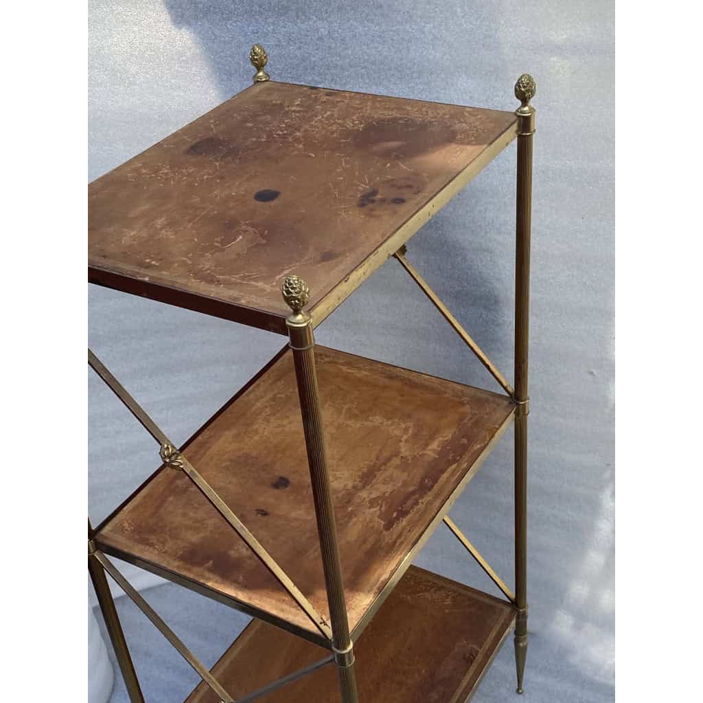 1970′ Paire Étagères en Laiton à 3 Niveaux Maison Baguès Plateaux Cuir Vintage