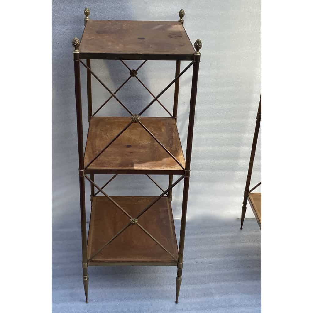1970′ Paire Étagères en Laiton à 3 Niveaux Maison Baguès Plateaux Cuir Vintage
