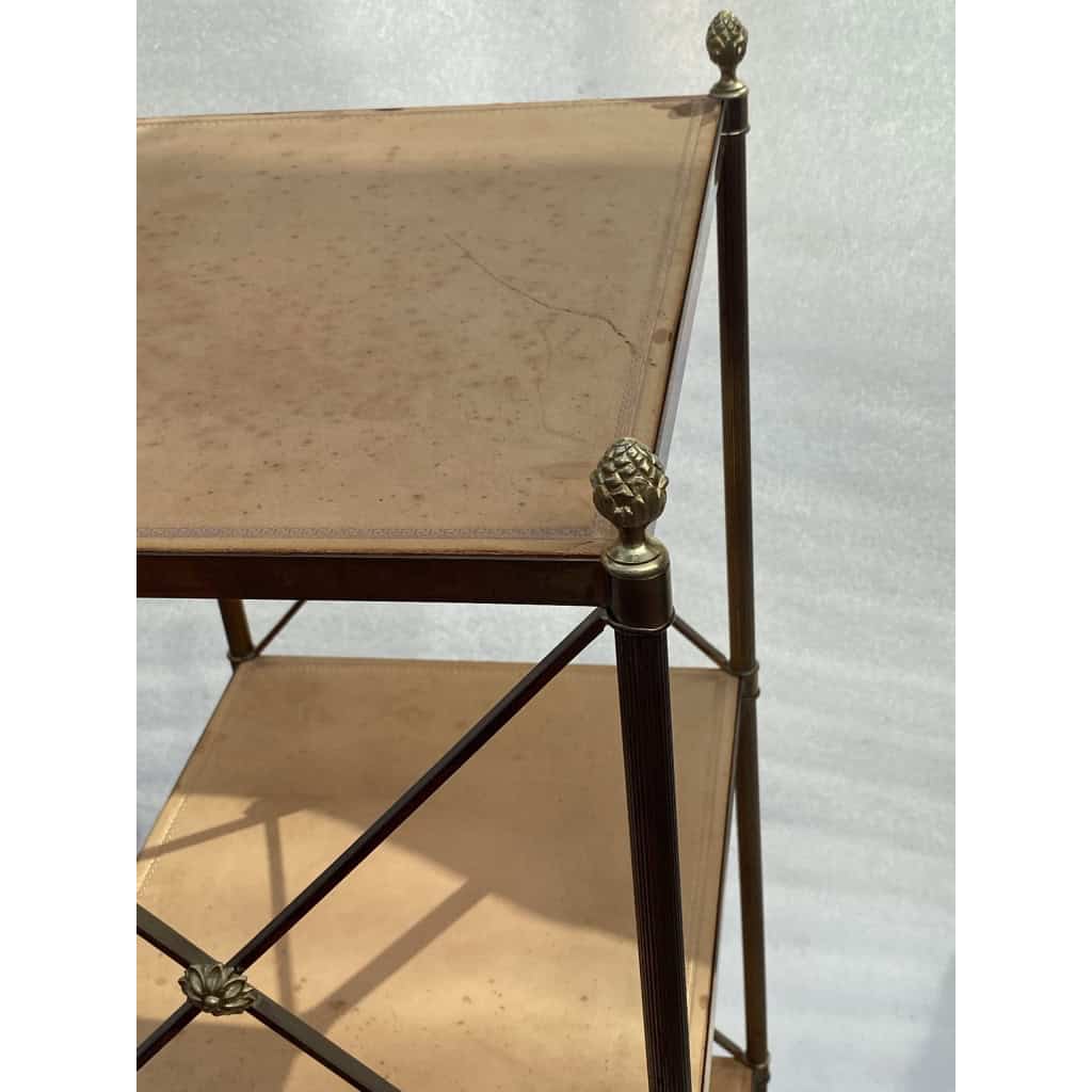1970′ Paire Étagères en Laiton à 3 Niveaux Maison Baguès Plateaux Cuir Vintage