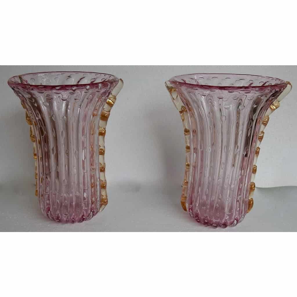 1970′ Paire de Vases Ou Similaires Cristal Murano Rose et Or Signés Toso | Biron ||||||||||