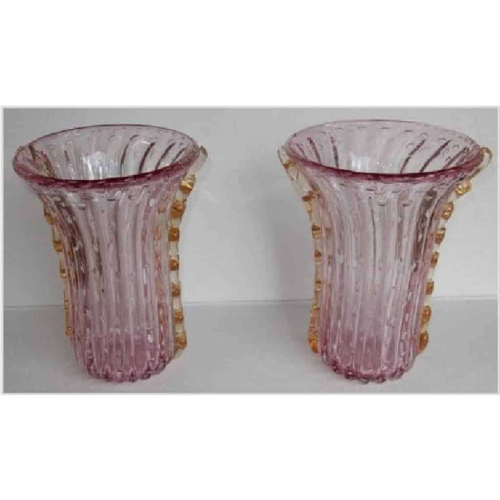 1970′ Paire de Vases Ou Similaires Cristal Murano Rose et Or Signés Toso | Biron 1970′ Paire de Vases Ou Similaires Cristal Murano Rose et Or Signés Toso