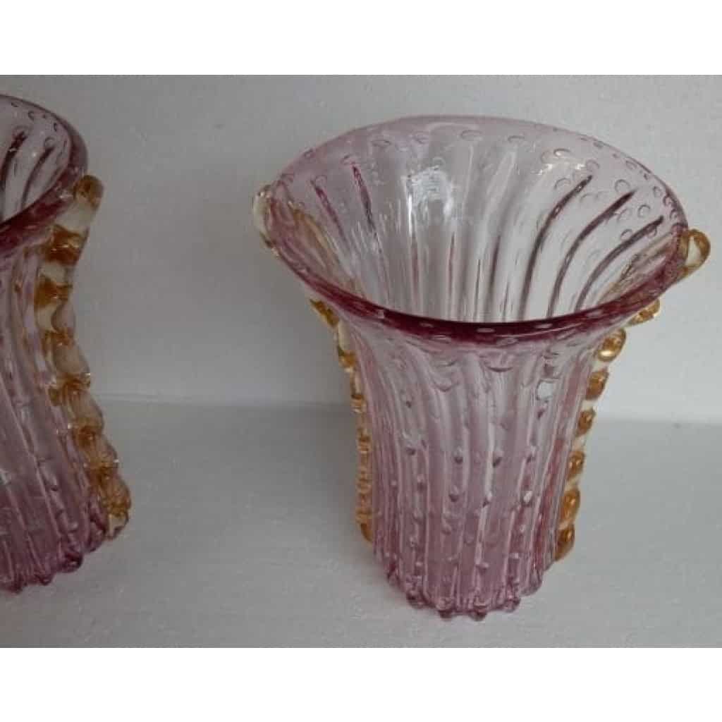 1970′ Paire de Vases Ou Similaires Cristal Murano Rose et Or Signés Toso | Biron 1970′ Paire de Vases Ou Similaires Cristal Murano Rose et Or Signés Toso