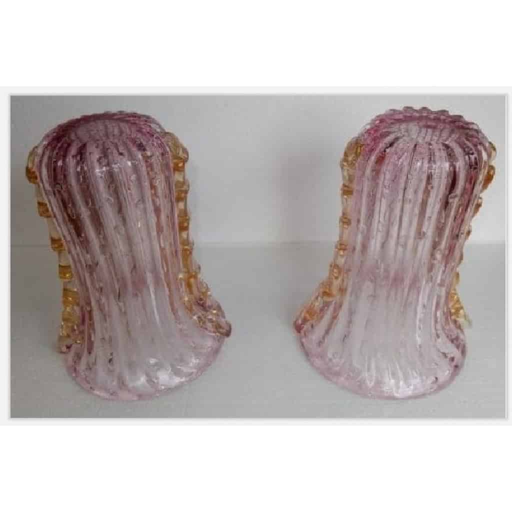 1970′ Paire de Vases Ou Similaires Cristal Murano Rose et Or Signés Toso | Biron 1970′ Paire de Vases Ou Similaires Cristal Murano Rose et Or Signés Toso