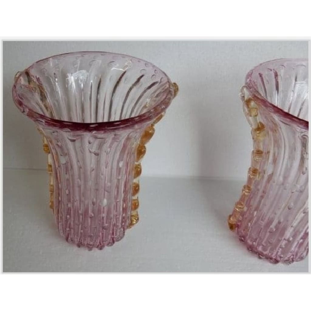 1970′ Paire de Vases Ou Similaires Cristal Murano Rose et Or Signés Toso | Biron 1970′ Paire de Vases Ou Similaires Cristal Murano Rose et Or Signés Toso