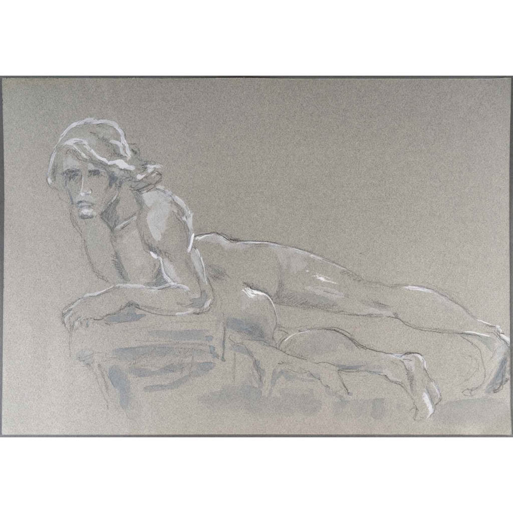 Dessin au crayon et aquarelle sur papier représentant un homme allongé, XXème siècle. | Biron ||||||
