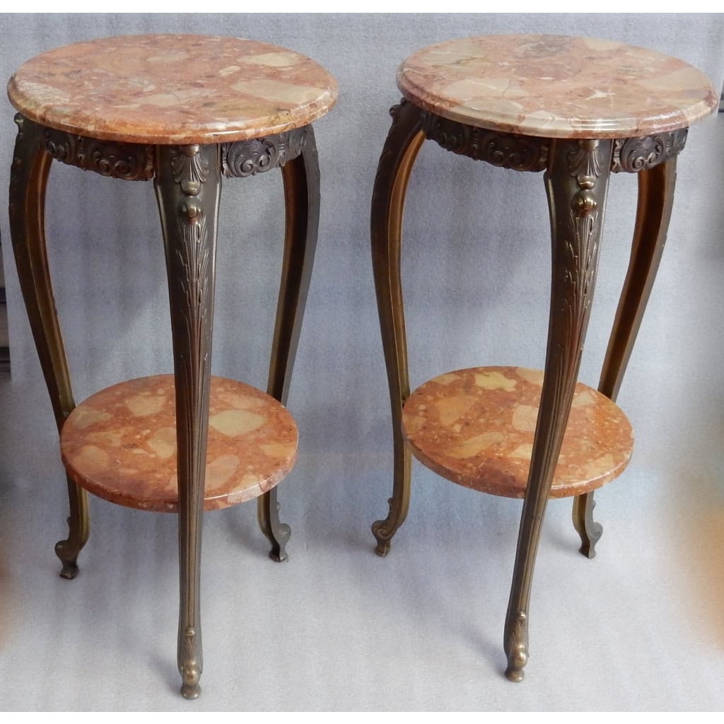 1970′ Paire de Sellettes en Bronze Doré Style LXV Plateaux Brèche De Saint-Maximin VENDU 4