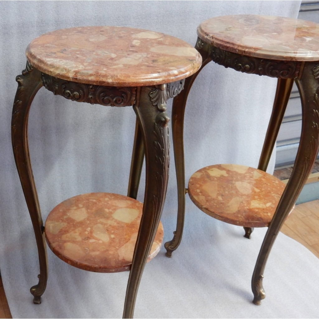 1970′ Paire de Sellettes en Bronze Doré Style LXV Plateaux Brèche De Saint-Maximin VENDU 5