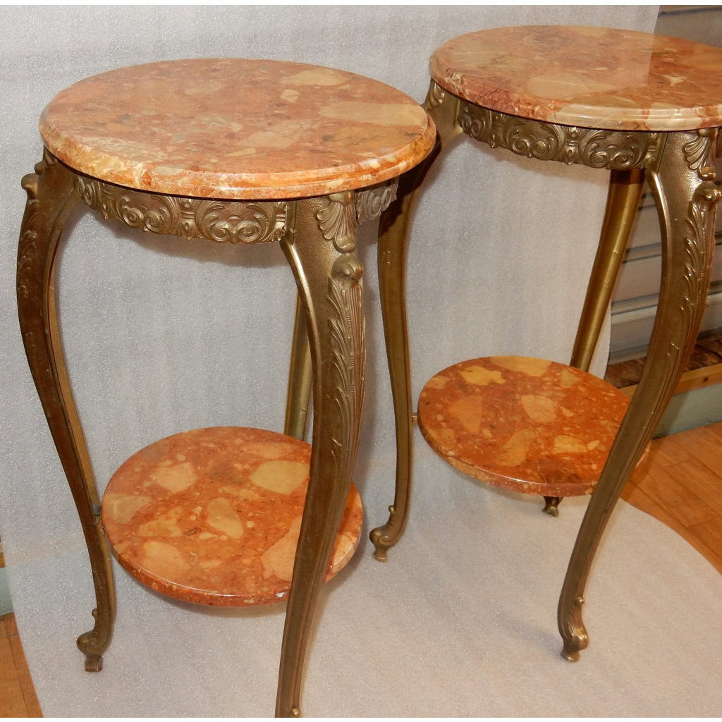 1970′ Paire de Sellettes en Bronze Doré Style LXV Plateaux Brèche De Saint-Maximin VENDU 6