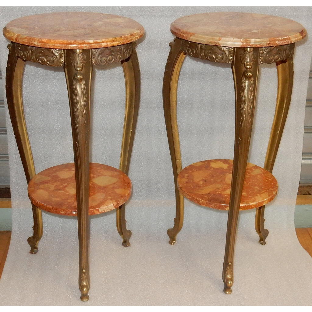 1970′ Paire de Sellettes en Bronze Doré Style LXV Plateaux Brèche De Saint-Maximin VENDU 9