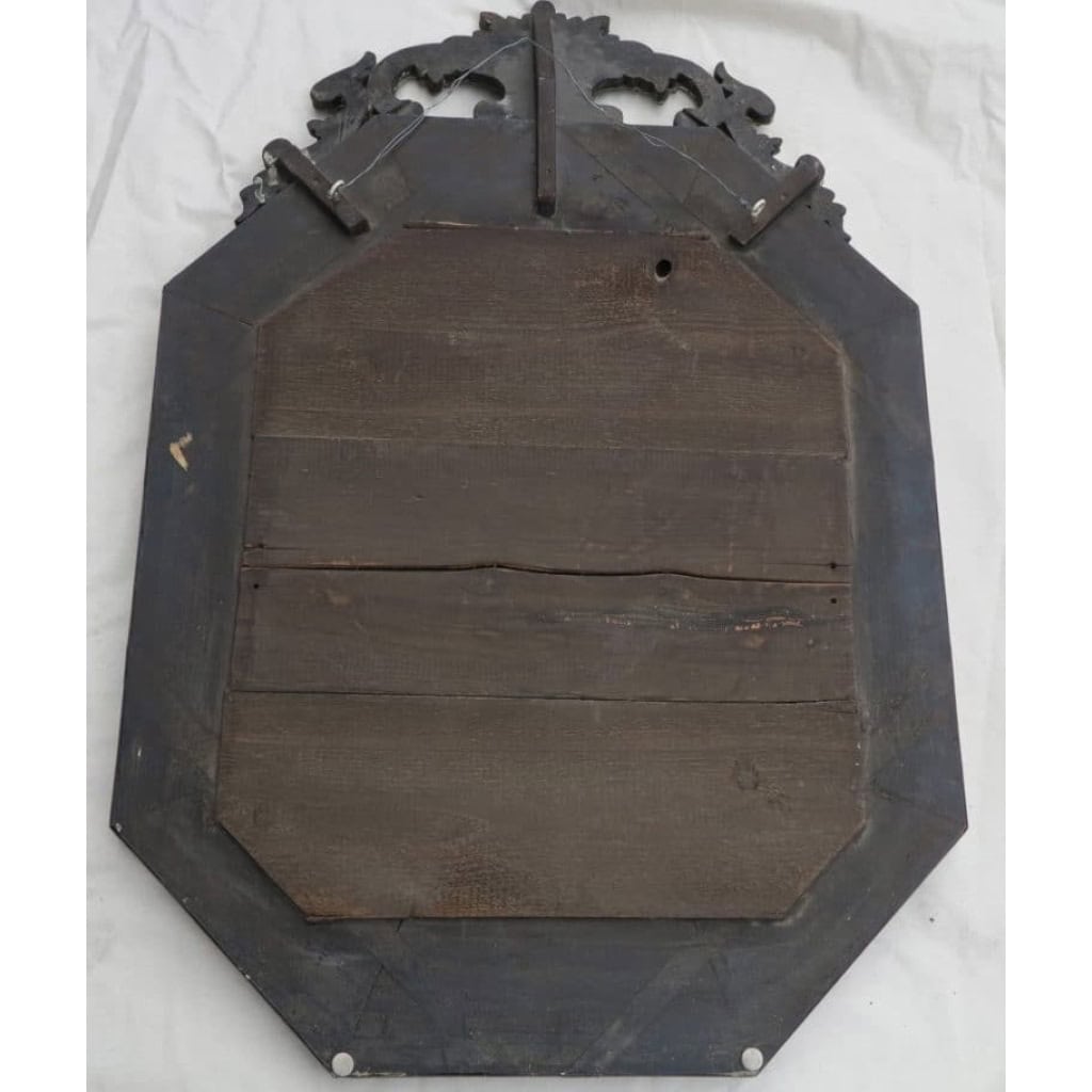1880′ Miroir Venise Octogonal à Fronton Tain Mercure avec Fleurs Gravées et Tain Oxydé