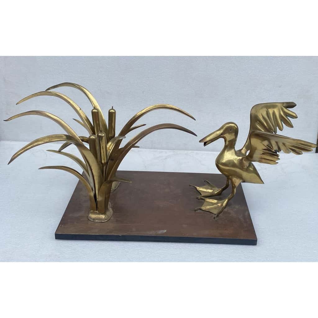 1970′ Table Basse Pélican Et Roseau En Bronze De Christian Techoueyres