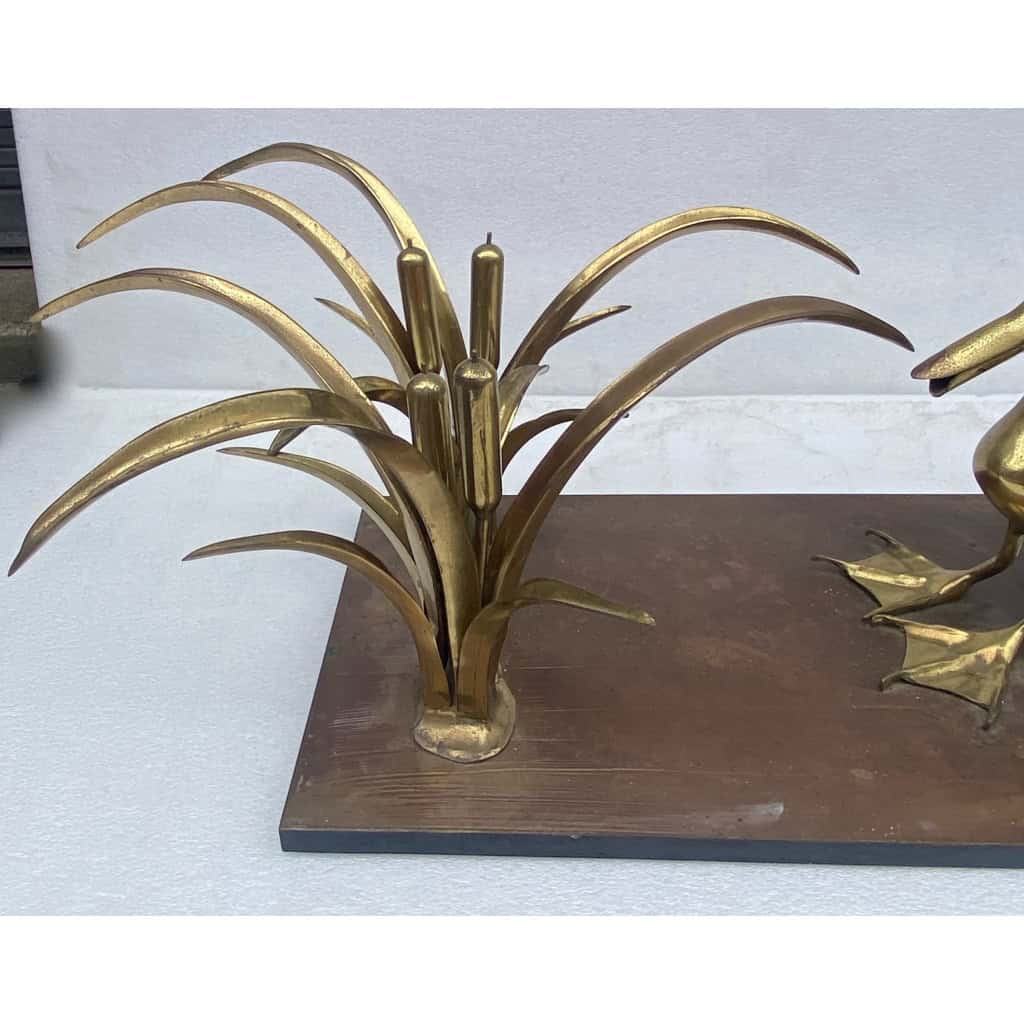 1970′ Table Basse Pélican Et Roseau En Bronze De Christian Techoueyres