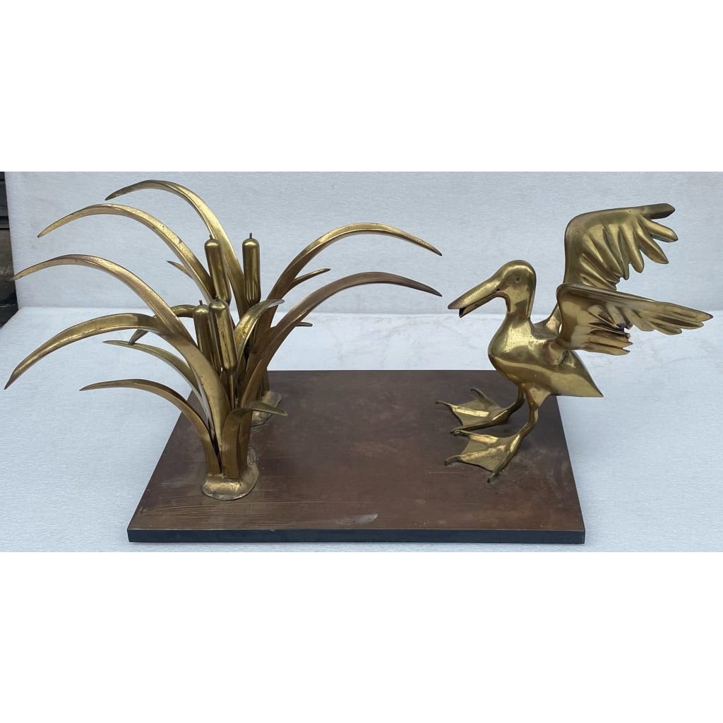 1970′ Table Basse Pélican Et Roseau En Bronze De Christian Techoueyres