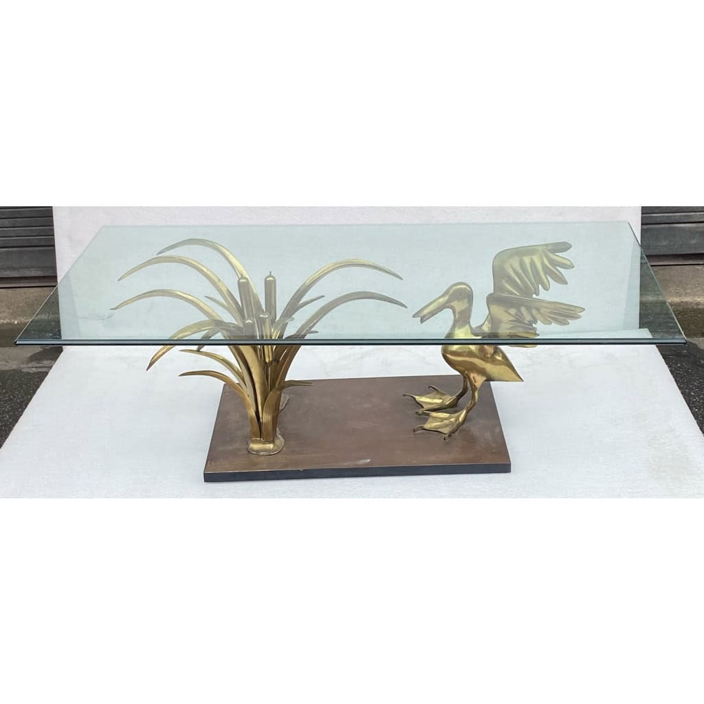 1970′ Table Basse Pélican Et Roseau En Bronze De Christian Techoueyres