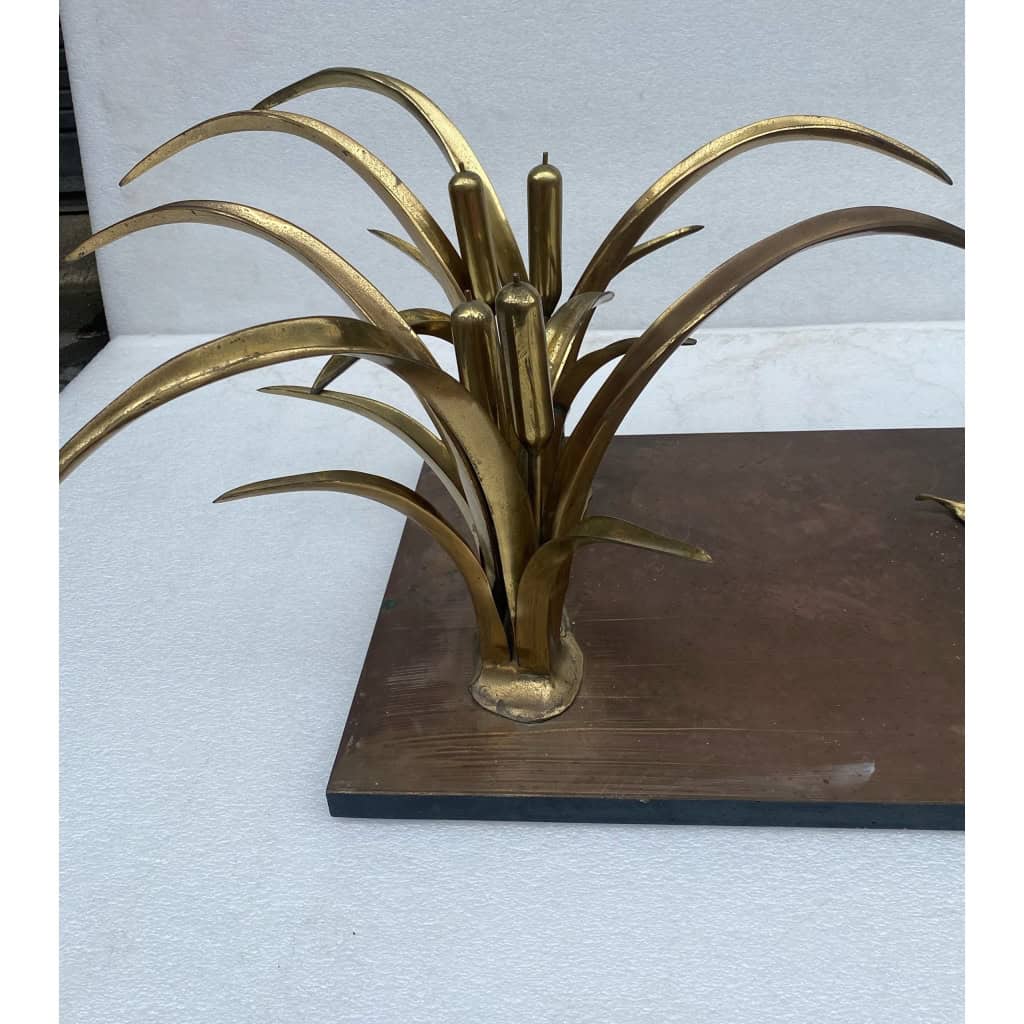 1970′ Table Basse Pélican Et Roseau En Bronze De Christian Techoueyres