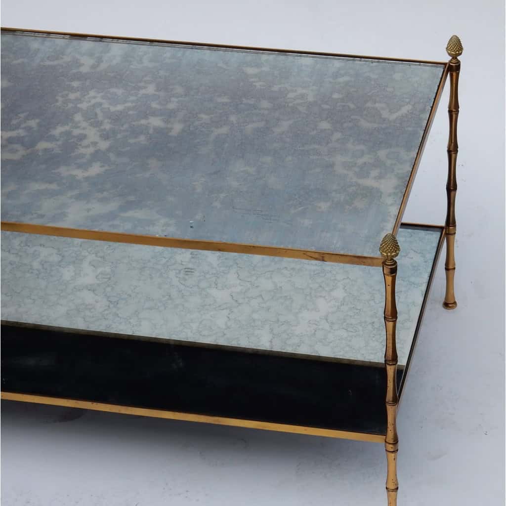 1970′ Table Basse Maison Baguès Décor Bambou en Laiton et Miroir Oxydé | Biron 1970′ Table Basse Maison Baguès Décor Bambou en Laiton et Miroir Oxydé