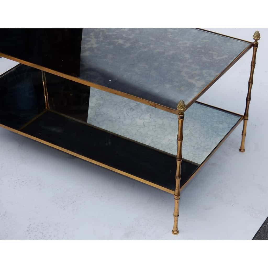 1970′ Table Basse Maison Baguès Décor Bambou en Laiton et Miroir Oxydé | Biron 1970′ Table Basse Maison Baguès Décor Bambou en Laiton et Miroir Oxydé