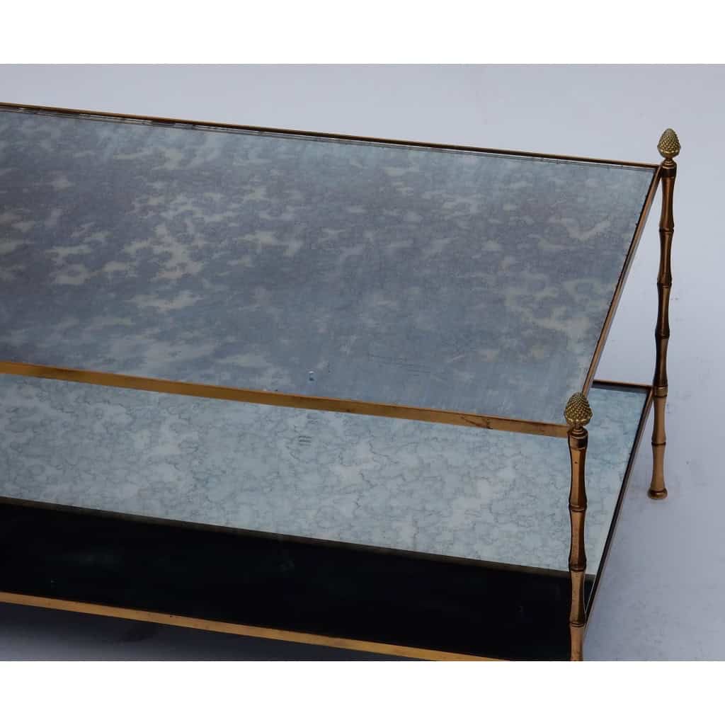 1970′ Table Basse Maison Baguès Décor Bambou en Laiton et Miroir Oxydé | Biron 1970′ Table Basse Maison Baguès Décor Bambou en Laiton et Miroir Oxydé