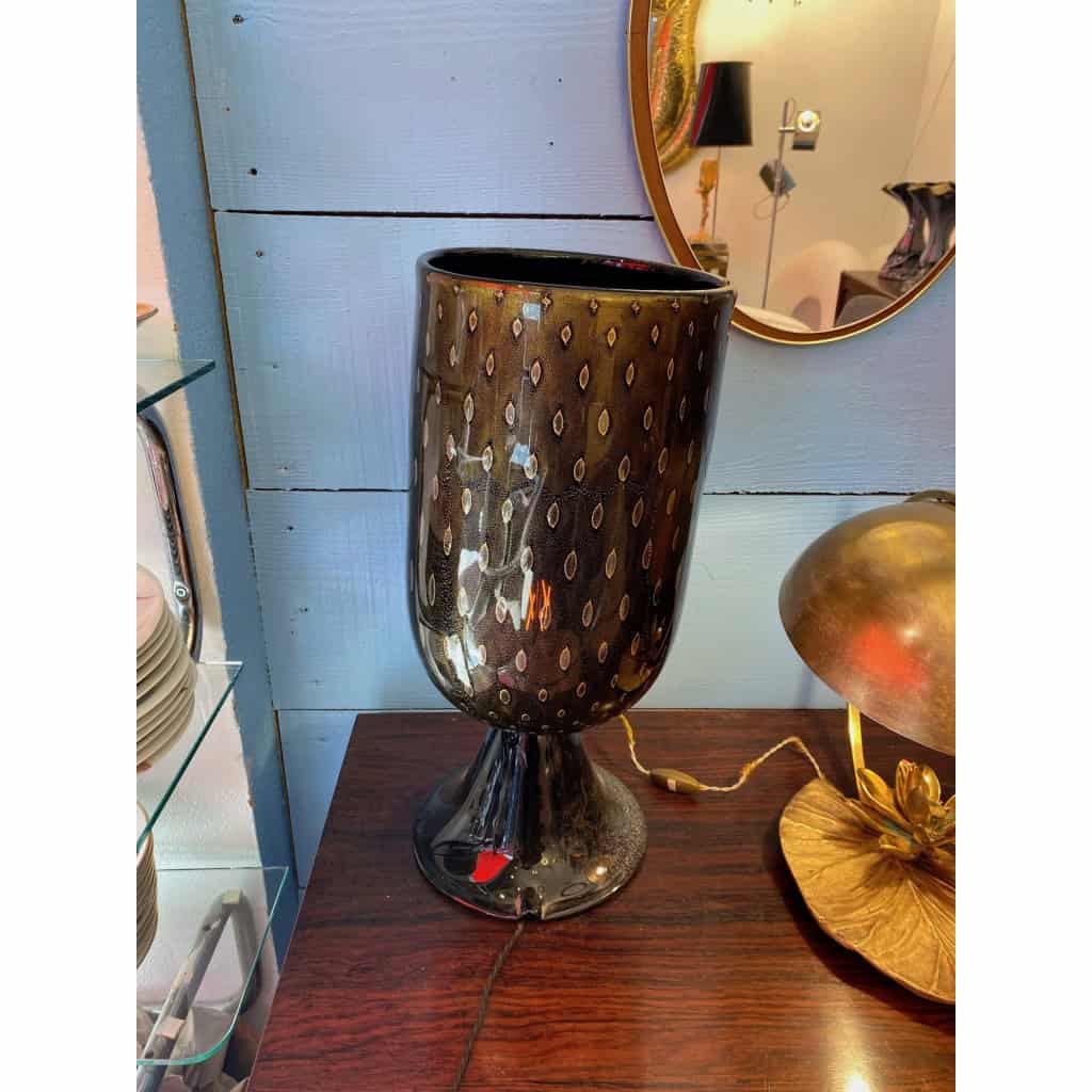 1970′ Paire de Lampes Cristal Murano Noir et Or Attribuées à Toso