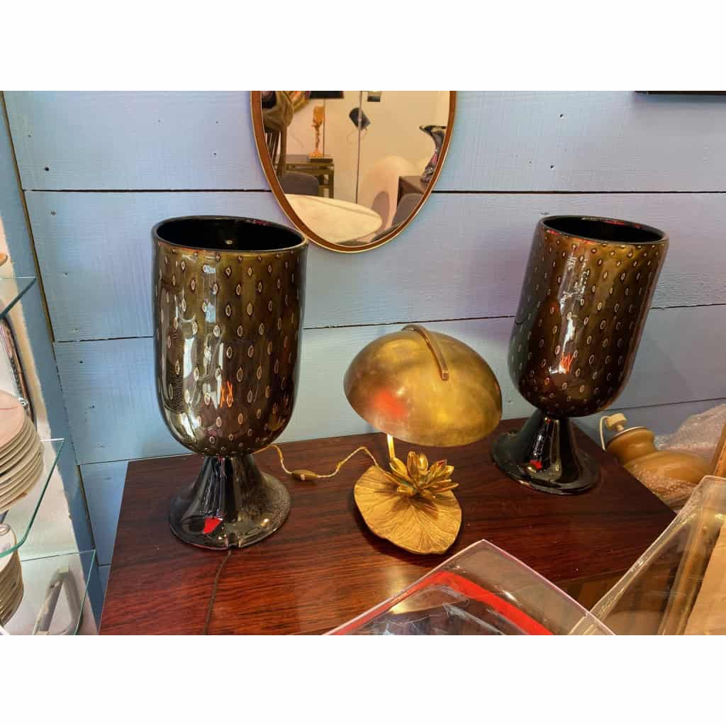1970′ Paire de Lampes Cristal Murano Noir et Or Attribuées à Toso