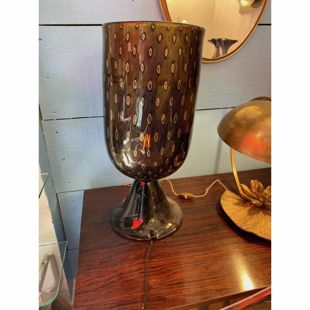 1970′ Paire de Lampes Cristal Murano Noir et Or Attribuées à Toso