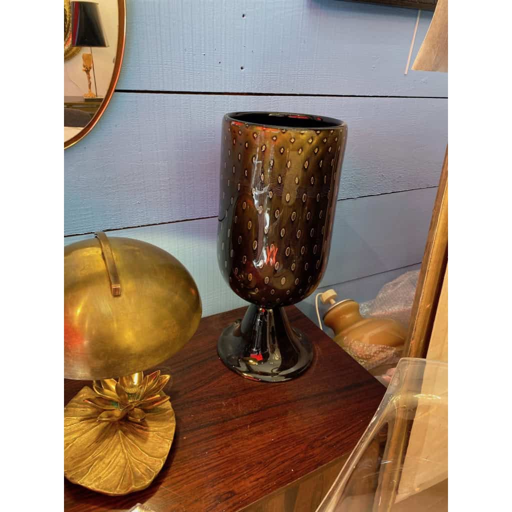 1970′ Paire de Lampes Cristal Murano Noir et Or Attribuées à Toso