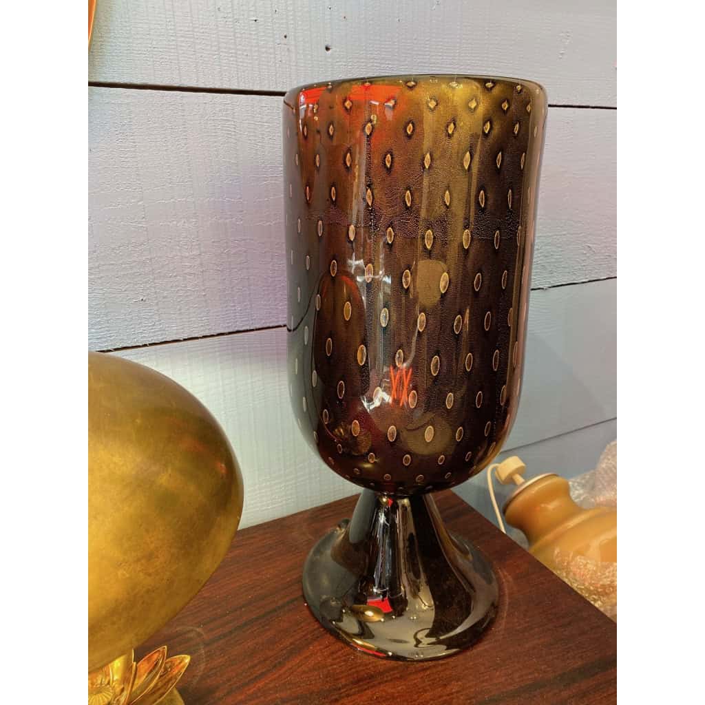 1970′ Paire de Lampes Cristal Murano Noir et Or Attribuées à Toso