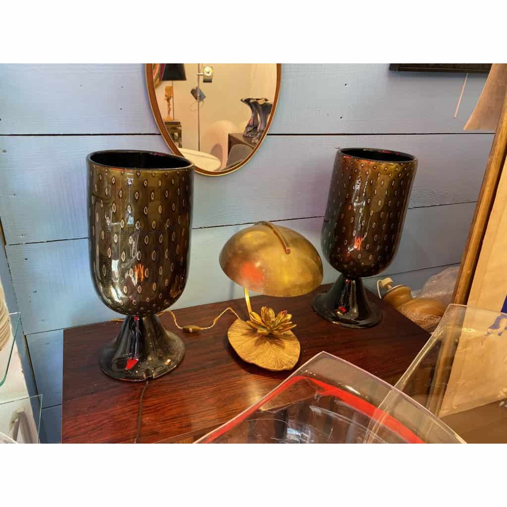 1970′ Paire de Lampes Cristal Murano Noir et Or Attribuées à Toso