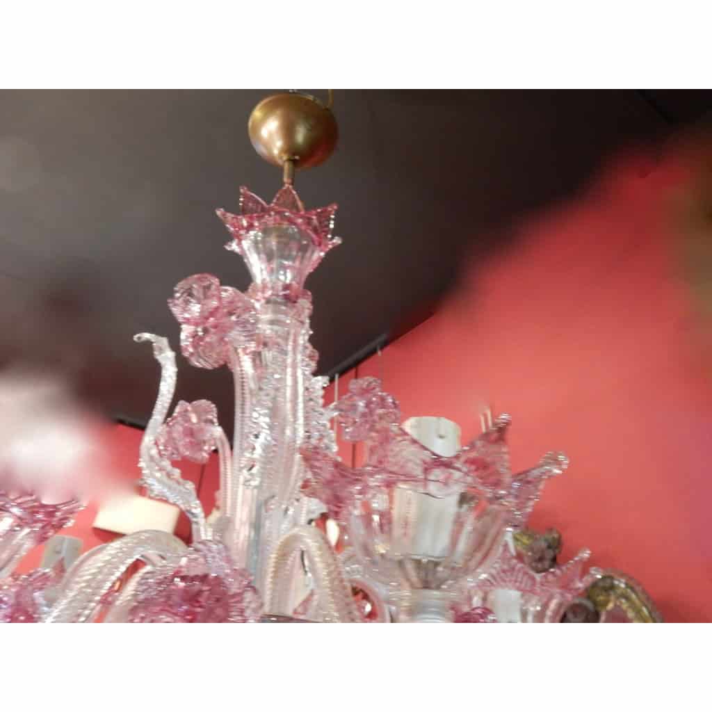 1950/70 Paire de Lustres Murano 5 Bras Cristal Naturel et Cristal Couleur Rose