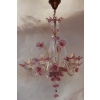 1950/70 Paire de Lustres Murano 5 Bras Cristal Naturel et Cristal Couleur Rose