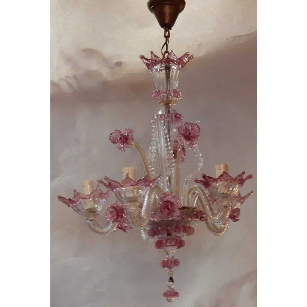 1950/70 Paire de Lustres Murano 5 Bras Cristal Naturel et Cristal Couleur Rose
