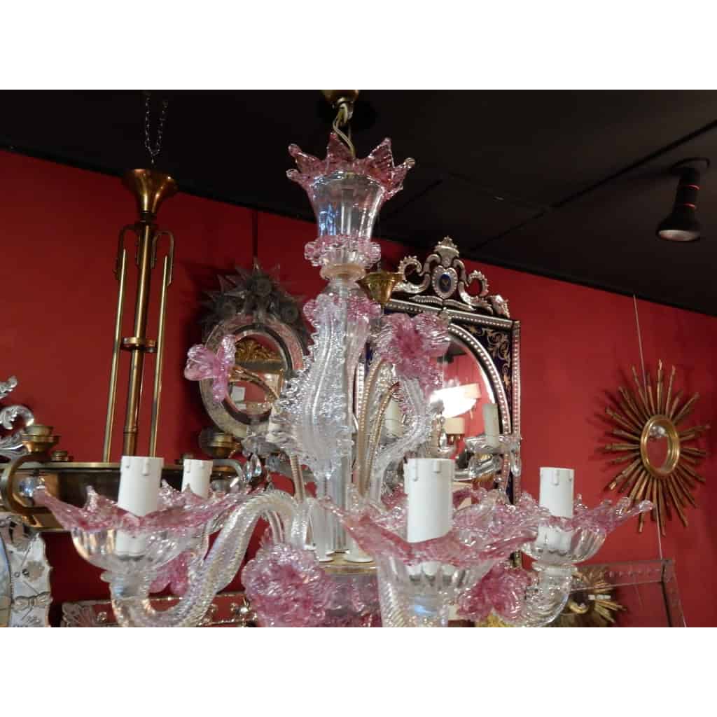 1950/70 Paire de Lustres Murano 5 Bras Cristal Naturel et Cristal Couleur Rose