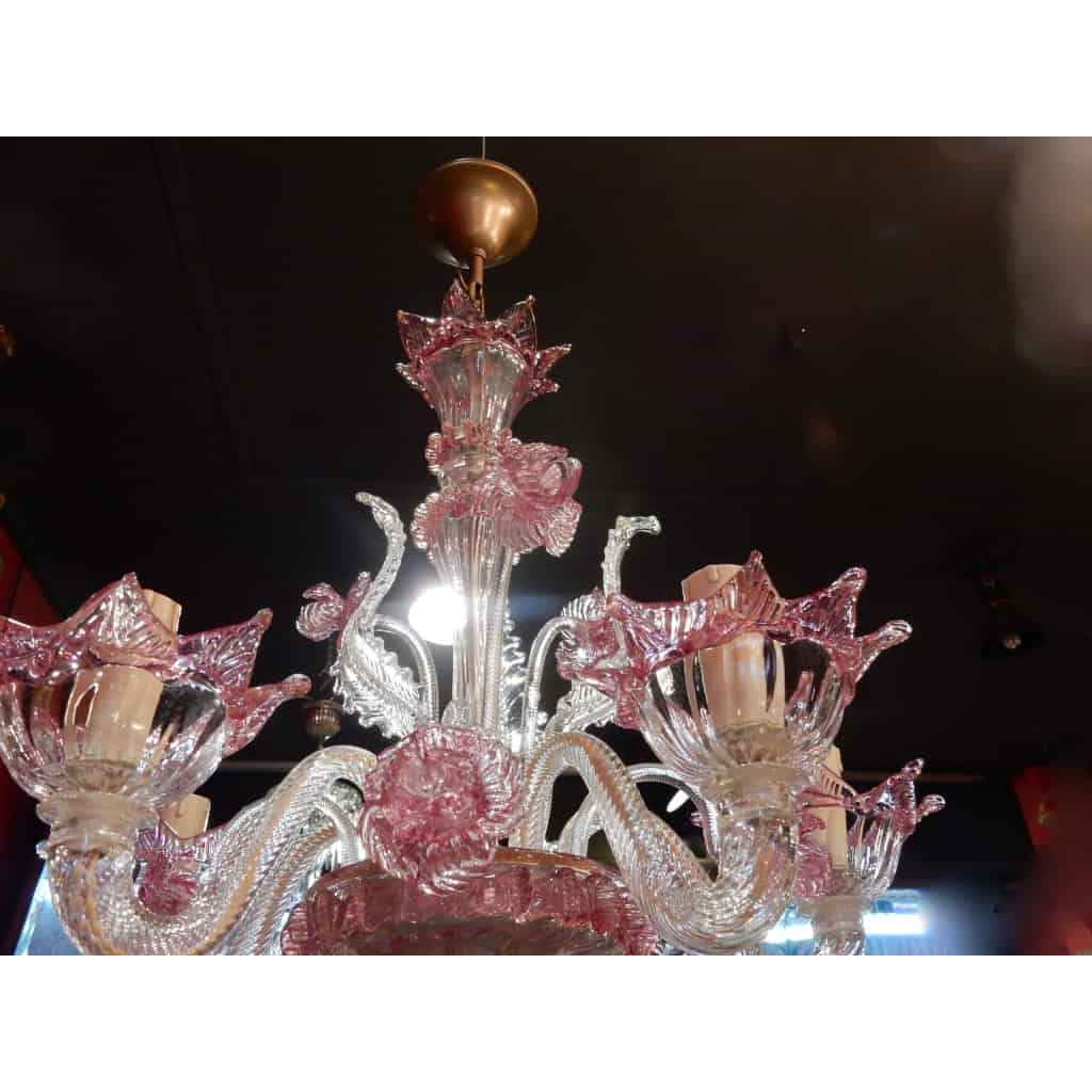 1950/70 Paire de Lustres Murano 5 Bras Cristal Naturel et Cristal Couleur Rose