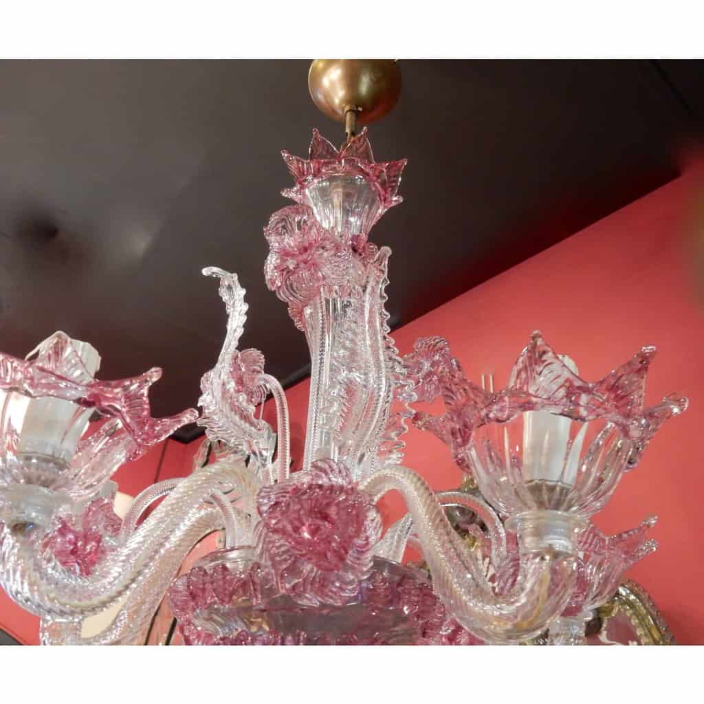 1950/70 Paire de Lustres Murano 5 Bras Cristal Naturel et Cristal Couleur Rose