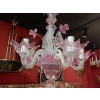 1950/70 Paire de Lustres Murano 5 Bras Cristal Naturel et Cristal Couleur Rose