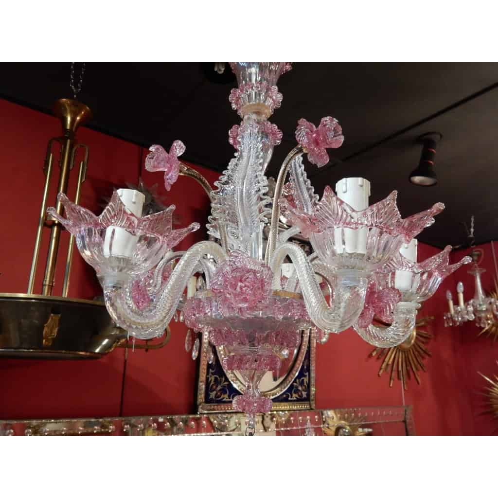 1950/70 Paire de Lustres Murano 5 Bras Cristal Naturel et Cristal Couleur Rose
