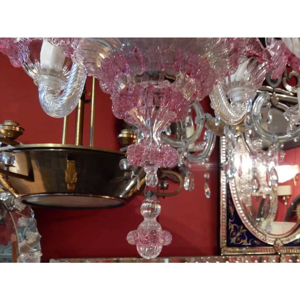 1950/70 Paire de Lustres Murano 5 Bras Cristal Naturel et Cristal Couleur Rose