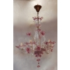 1950/70 Paire de Lustres Murano 5 Bras Cristal Naturel et Cristal Couleur Rose