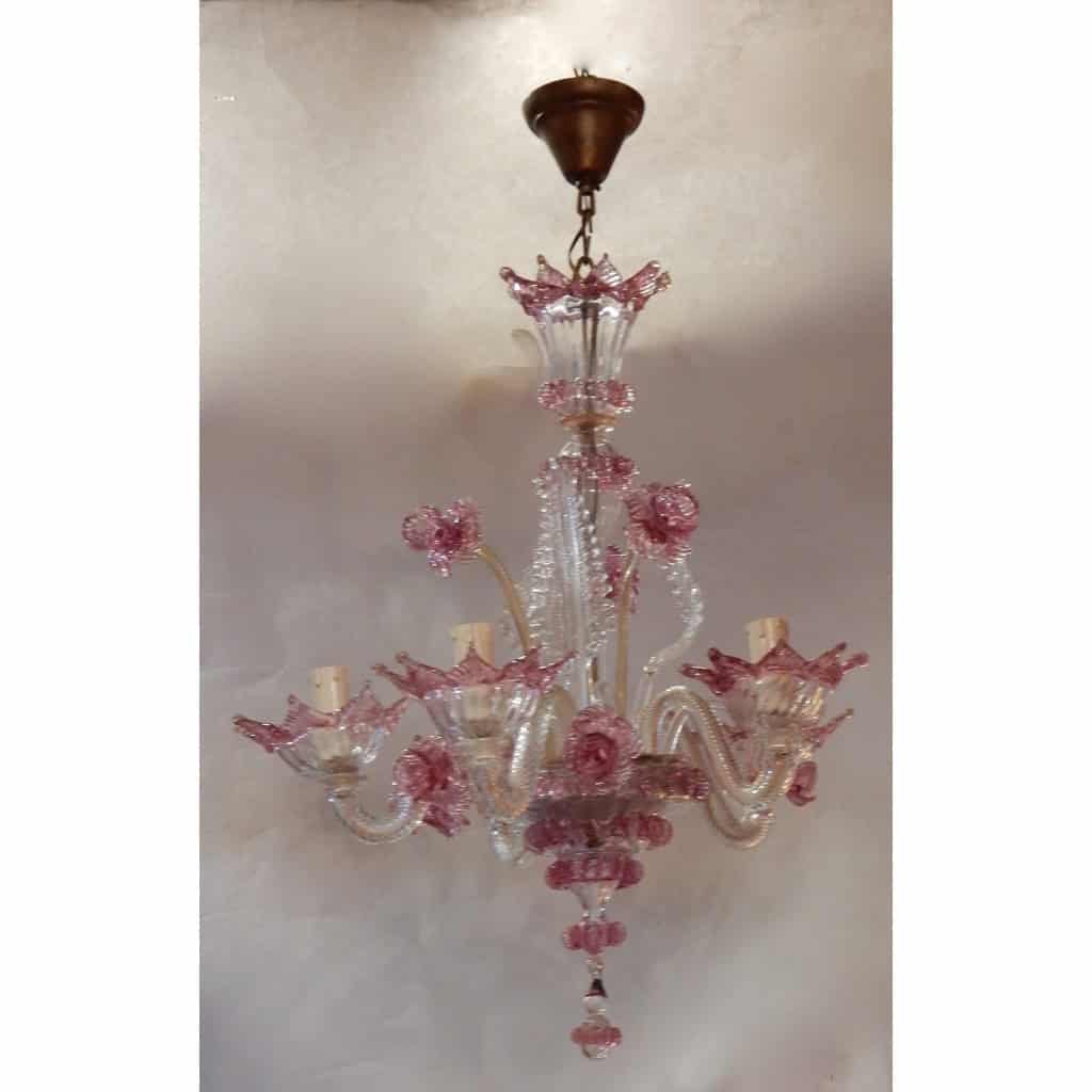 1950/70 Paire de Lustres Murano 5 Bras Cristal Naturel et Cristal Couleur Rose