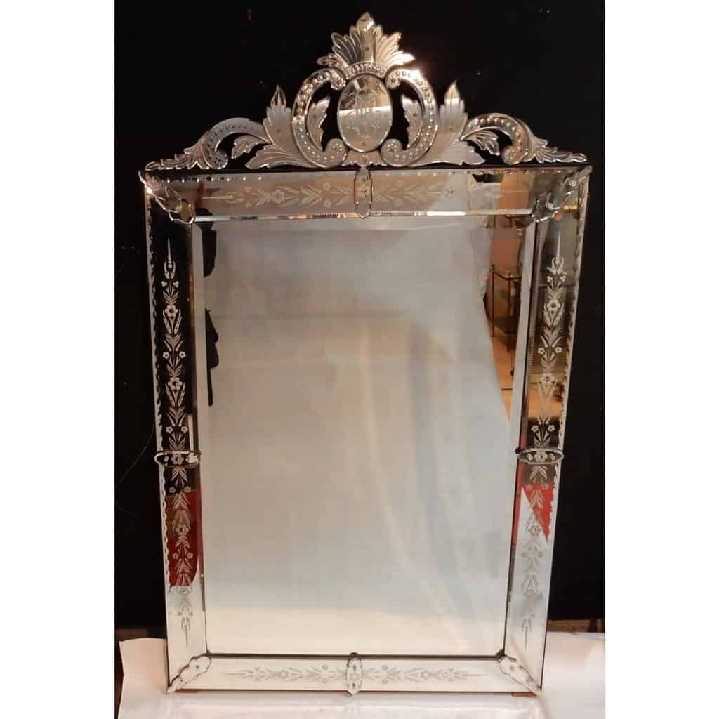 1900′ Miroir Vénitien à Décor Floral et Fronton | Biron |||||||||