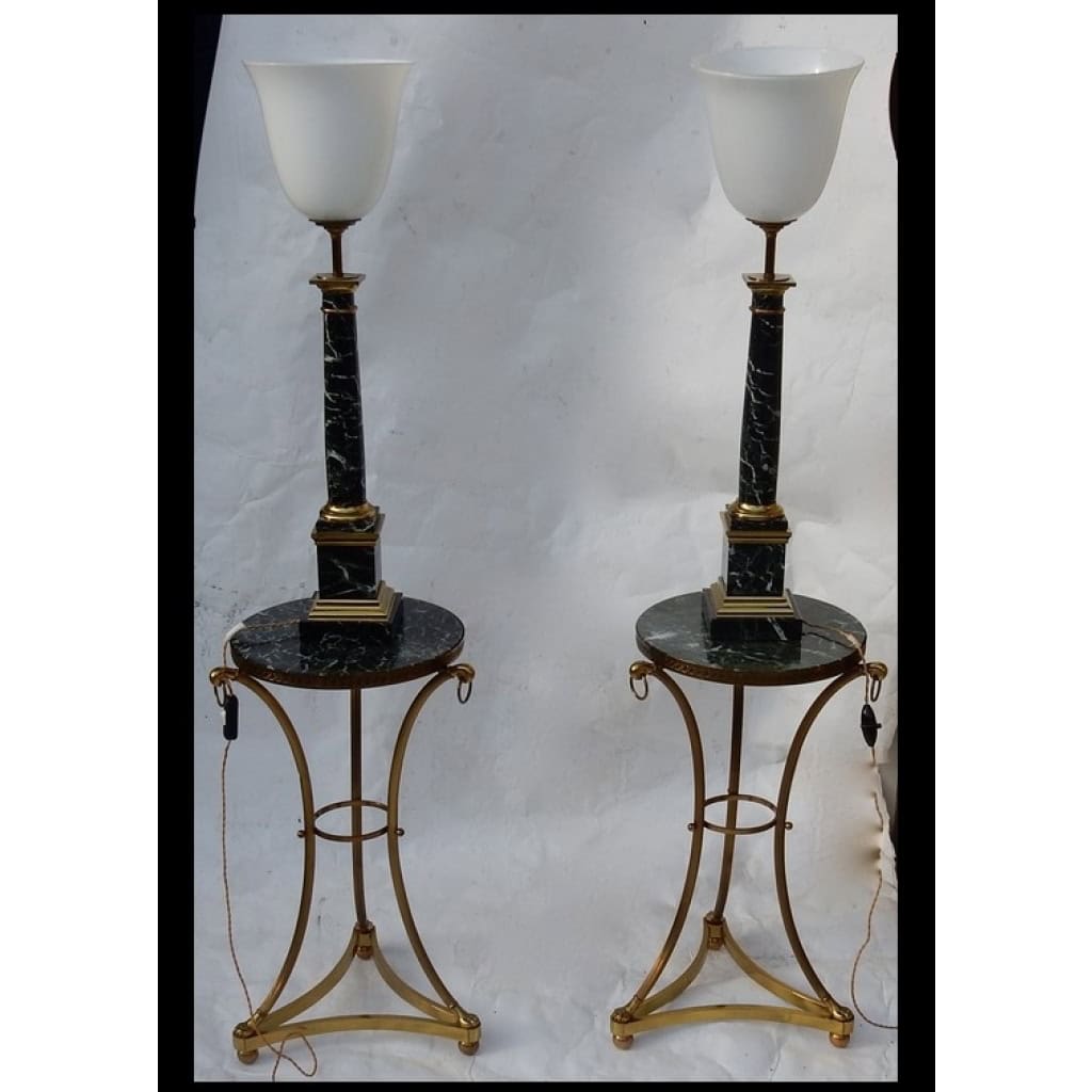 1950/70 Paire De Lampes DLG Maison Jansen, Laiton et Marbre Vert De Mer