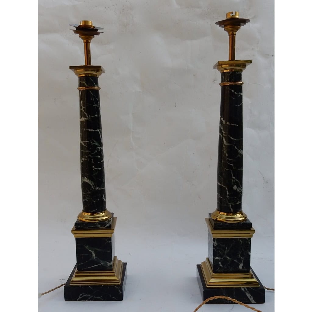 1950/70 Paire De Lampes DLG Maison Jansen, Laiton et Marbre Vert De Mer