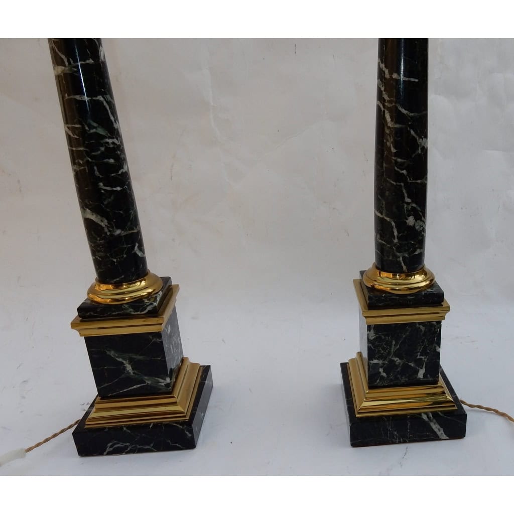 1950/70 Paire De Lampes DLG Maison Jansen, Laiton et Marbre Vert De Mer