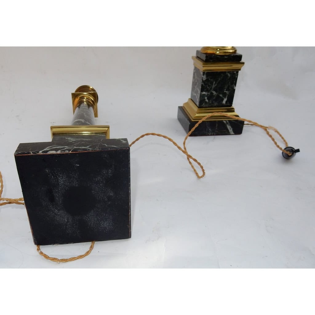 1950/70 Paire De Lampes DLG Maison Jansen, Laiton et Marbre Vert De Mer