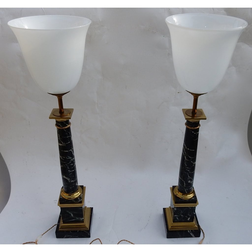 1950/70 Paire De Lampes DLG Maison Jansen, Laiton et Marbre Vert De Mer